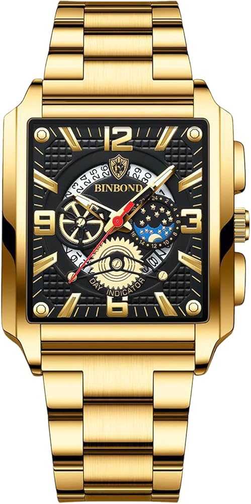Avaner Reloj de pulsera de acero inoxidable para hombre, analógico, cuarzo, cuadrado, con calendario y punteros luminosos, A-Oro, Moderno