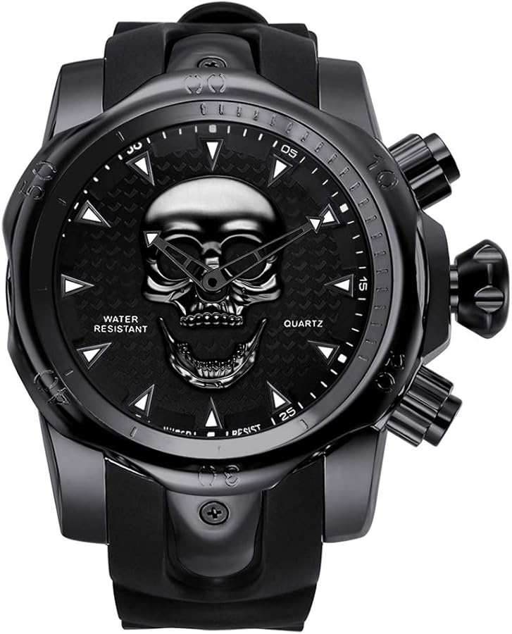 通用, Reloj de pulsera para hombre con diseño de calaveras en 3D, carcasa de acero inoxidable, resistente al agua, analógico, cuarzo, elegante, correa de caucho, regalo para hombre, Negro, Correa
