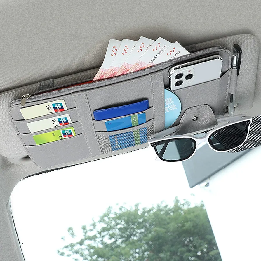 HIFROM Organizador de Visera Automóvil, Cuero de PU Bolsa de Almacenamiento de Coche para Tarjeta Gafas de Sol CD Teléfono Móvil (Gris)