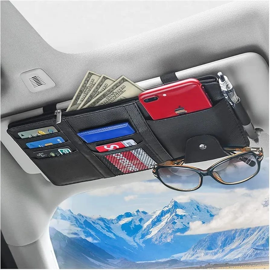 CGEAMDY Organizador de visera de coche con cremallera de cuero para tarjetas, licencia de conducir, bolígrafos, gafas, documentos, accesorios para el coche (negro)