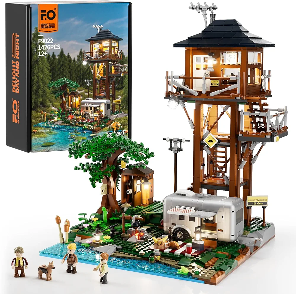 FUNWHOLE Torre vigía Campamento Terreno Iluminación Juego de Construcción, Retro Atalaya Camping Terreno con RV, Bosque Salvaje Modelo Ladrillo Juguete 1426 Piezas para Adultos y Adolescentes