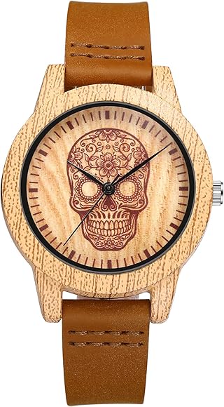 JewelryWe Reloj Calavera Steampunk Hombre: Reloj de Pulsera de Cuarzo Analógico Redondo Vintage Correas de Cuero Caja de Imitación de Madera - para Fiesta Ocio Negocios Regalos