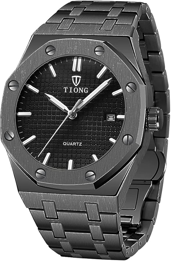 Tiong Reloj de Cuarzo analógico Impermeable de Acero Inoxidable con Calendario automático, Relojes para Hombre de Pointer, Regalo Luminoso para el día del Padre