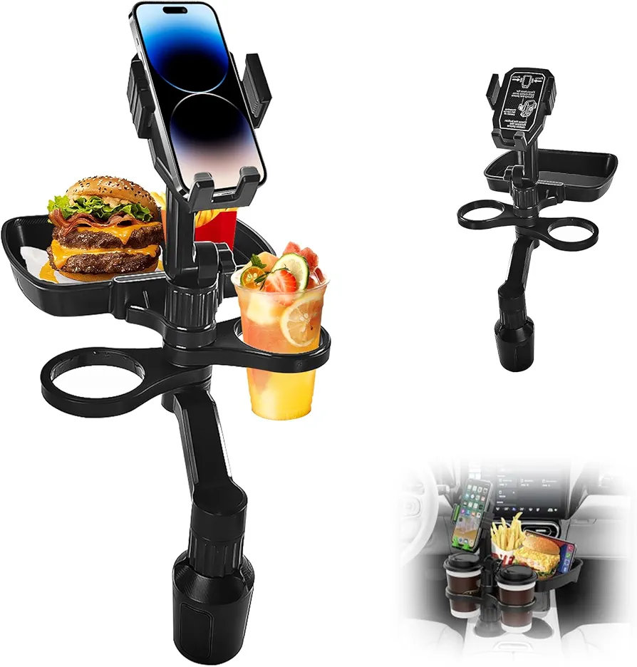 Soporte Bebidas Coche, Posavasos Coche con Bandeja y Soporte para Teléfono, Portavasos Coche 360°, 3 en 1 Portavasos para Coche, para Botellas de Agua, Teléfono Móvil, Aperitivos