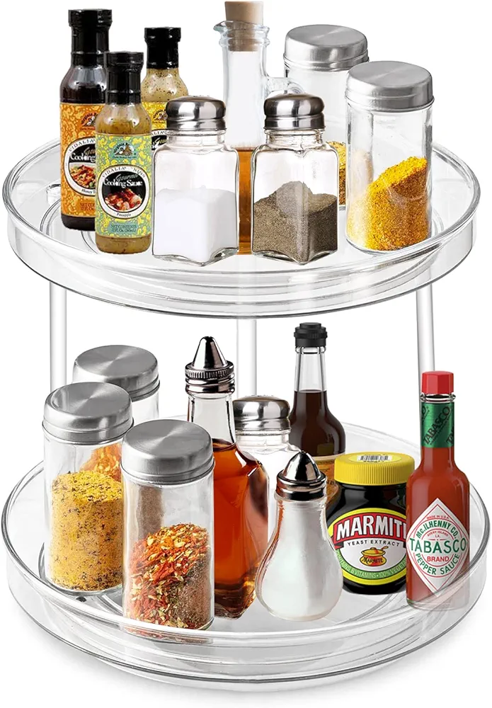 KEWUZY 2 Pisos Plato giratorio para cocina, Cocina Especias organizador de armarios Multifunción Transparente para Botellas, Cosmético, Armario, Despensa, Baño-23cm