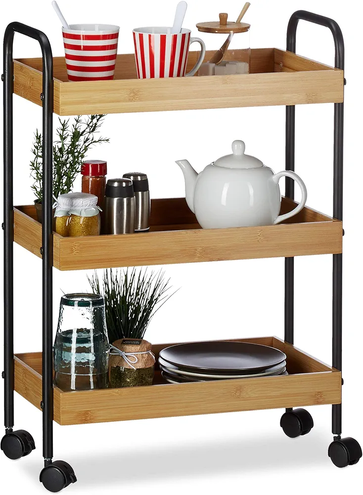 Relaxdays, 70 x 50 x 28 cm Carrito Cocina con 3 Niveles y Ruedas Giratorias, Bambú y Acero, Marrón y Negro