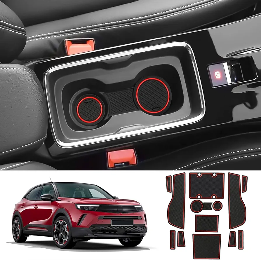Coleya Alfombrillas Antideslizantes Compatible con Opel Mokka B Mokka-E 2021-2024, Opel Mokka Alfombras de Goma para Consola Central, Ranuras de Puerta, Portavasos, Apoyabrazos (Rojo)