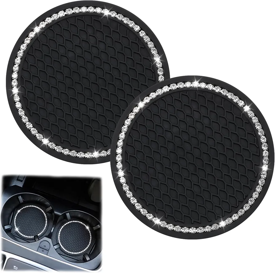 2 Piezas Posavasos para Coche 7cm, Silicona Posavasos Automóvil Universales, Posavaso Coche Antideslizante con Diamantes de Imitación, Posavasos Populares para Interior del Automóvil (Negro)