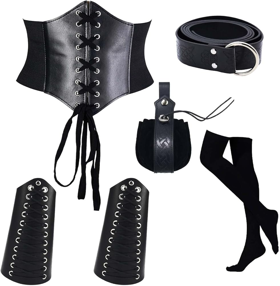 Bauzuoyo Ropa medieval disfraz para mujer, juego de 6 accesorios de caballero medieval, juego de disfraz renacentista con protectores de brazos, cinturón, riñonera, medias, retro, accesorios para