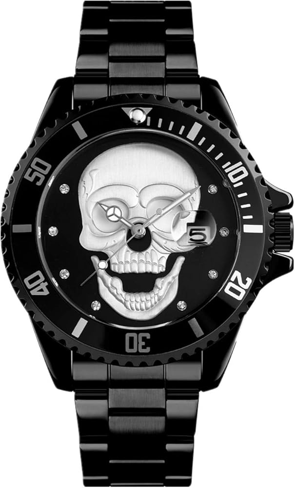 通用, Reloj de pulsera de cuarzo para hombre, esfera de calavera, elegante e impermeable, correa de acero inoxidable, regalo para hombres, Negro, Pulsera