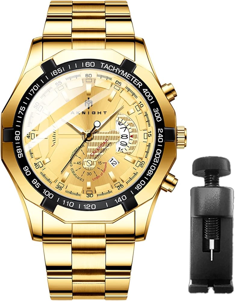 BENYAR Hombre Reloj Relojes Cronógrafo Analógico Movimiento de Cuarzo Reloj de Pulsera de diseño Deportivo 3ATM Relojes Impermeables Elegante Regalo para Los Hombres,Dorado