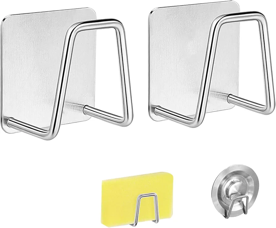 FuninCrea Soporte para Esponja, 2 Piezas Duradero Porta Esponja Universal Autoadhesivo Accesorios de Cocina para Almacenamiento y Drenaje del Hogar (Plata)