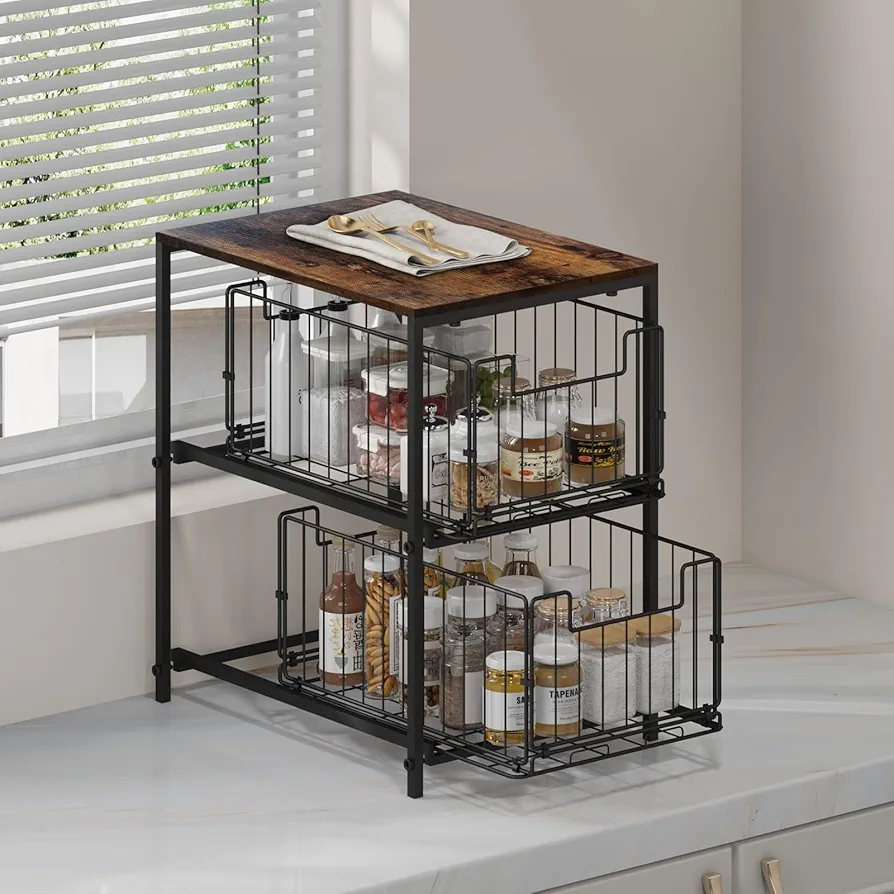 Meltrck Estante para especias, Estante de Almacenamiento Para Cocina, Organizador de Cocina, Cajón Deslizante de 2 Niveles, Almacenamiento de Escritorio, Para cocina, Sala de estar(Marrón Rústico)