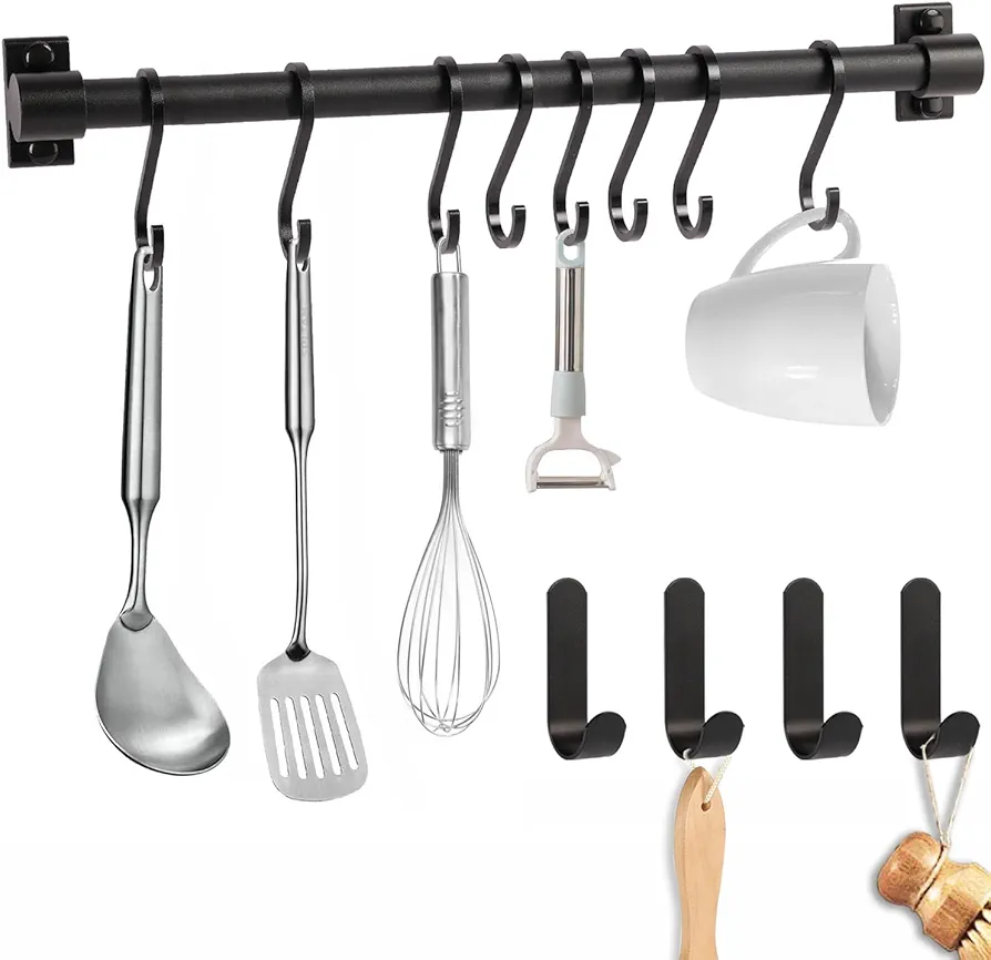 HOTSAN Colgador Utensilios Cocina, Estante para Utensilios de Cocina con 6 Ganchos móviles, riel para Gancho de Cocina sin perforación, Adecuado para Cocina, baño y Dormitorio (Negro)