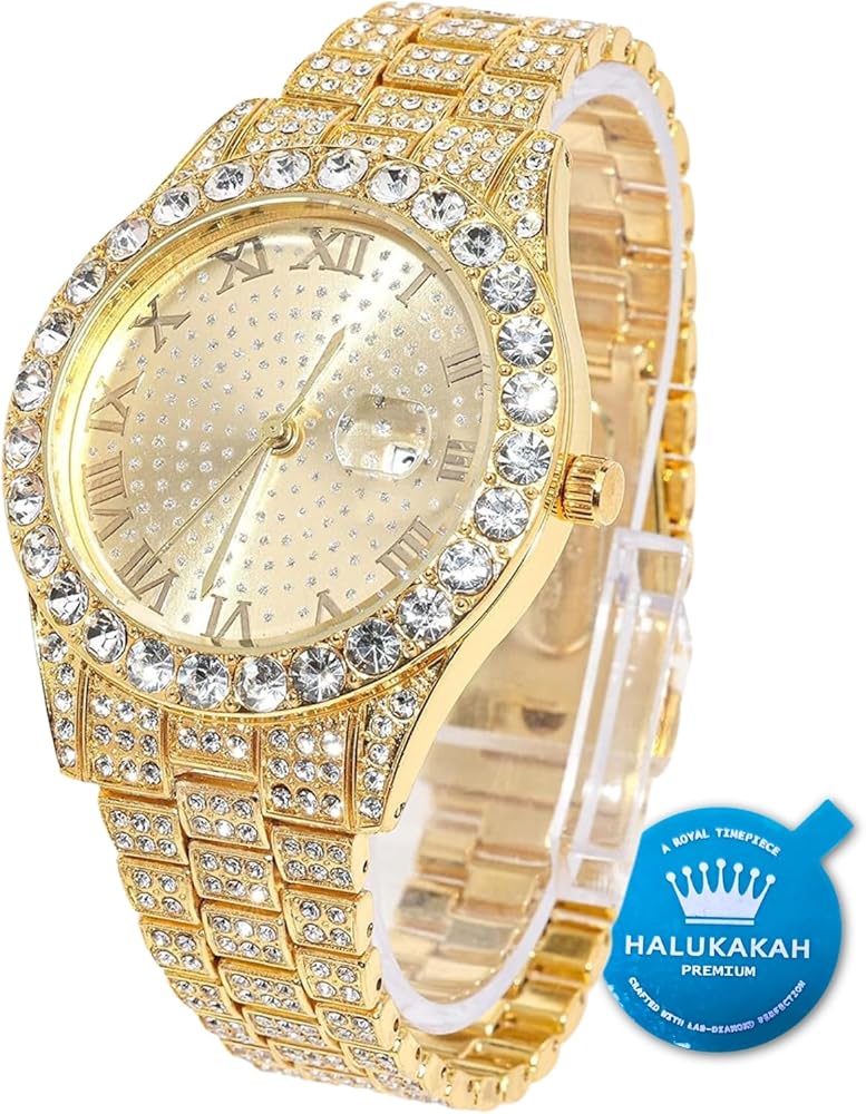 HALUKAKAH Diamante Reloj Oro, Hombres Chapado Oro Real 18K/Oro Blanco Platino 42MM Ancho Ronda Esfera Cuarzo Pulsera 24cm con Enlace Cubano Cadena 20+45cm Collar Pulsera, con Caja de Regalo