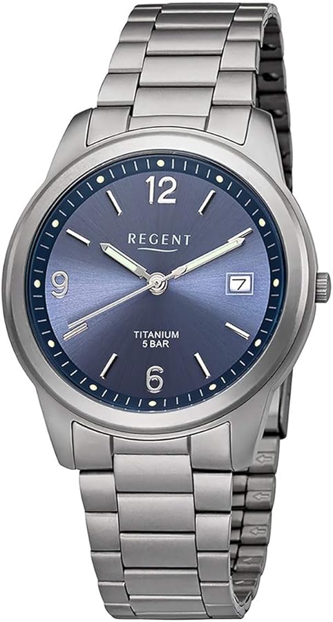 REGENT Reloj de hombre con pulsera de eslabones de titanio y carcasa de titanio de 36 mm de diámetro, cuarzo, números arábigos y fecha