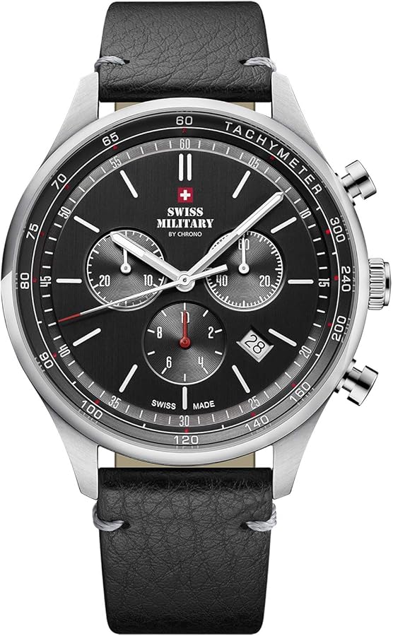 Swiss Military by Chrono Reloj para Hombre Cronógrafo Movimiento De Cuarzo con Correa De Cuero Reloj Analogico Hombre Reloj De Pulsera Plateado SM34081.06