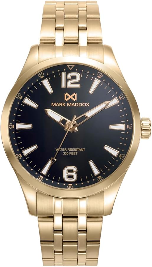 Mark Maddox Reloj para Hombre con Pulsera de Acero Dorado y Esfera de Color Negra HM0148-53