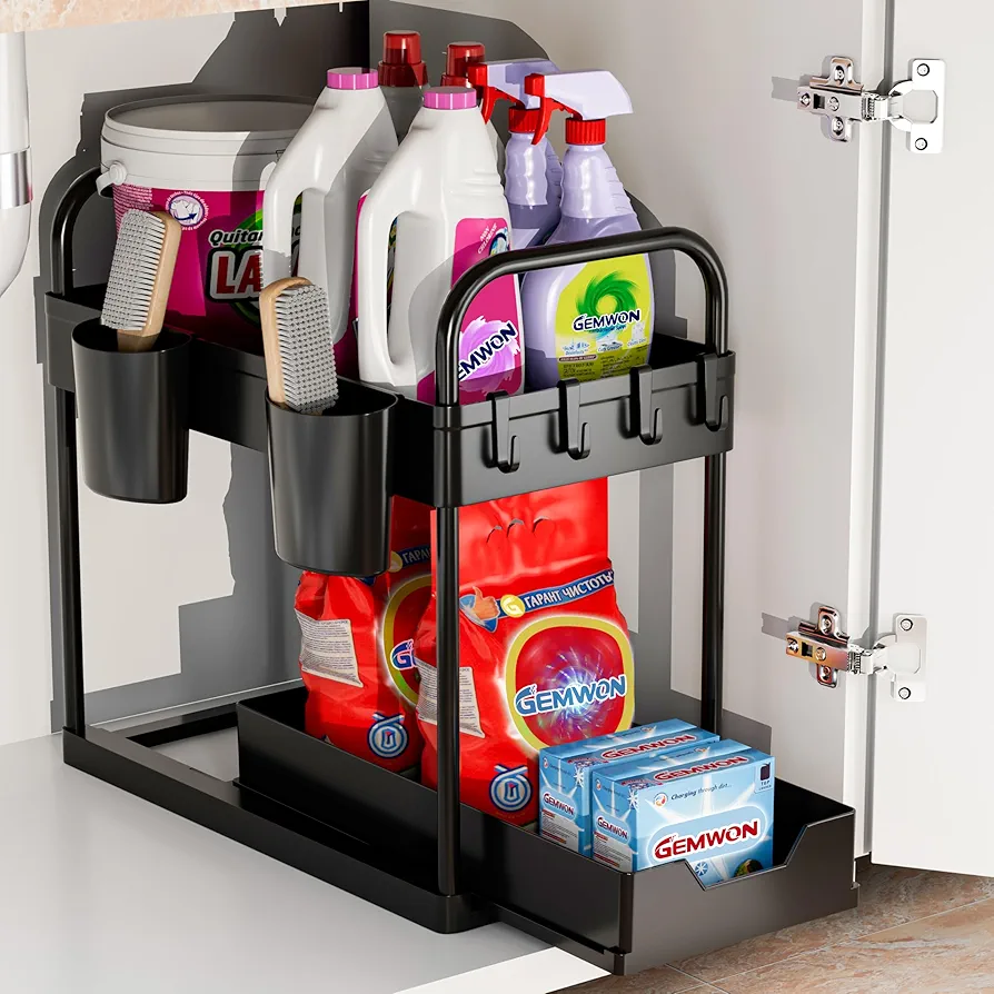 Organizador Cocina 2 Niveles, Deslizable bajo Fregadero, Extraíble Estante Almacenamiento con 4 Ganchos y 2 Cesta Colgante para Cajones, Cocina, Baño Negro-1 Paquete