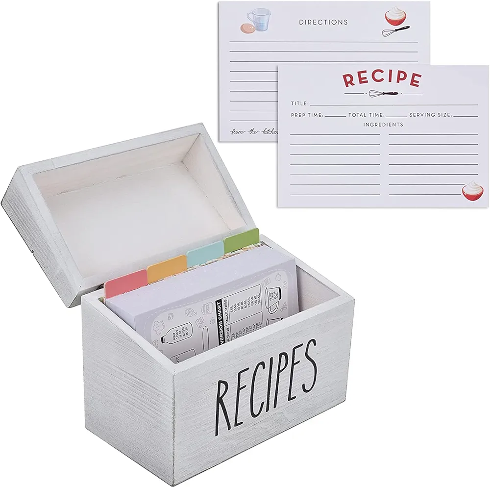 hoziel Caja de recetas de granja blanca con tarjetas y divisores, caja de tarjetas de recetas vintage con 100 tarjetas de recetas de 4 x 6 pulgadas, 12 divisores más tabla de conversión para cocinar,