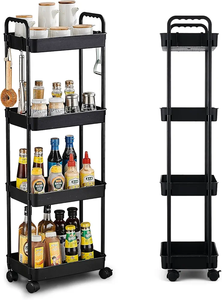 ZHUGE Carrito Auxiliar con Ruedas de 4 Niveles, Carrito Cocina para Cocina, Baño, Oficina, Lavandería, Maquillaje, Fácil Montaje Carro Rodante con Cierre, 35 x 24 x 109cm, Negro