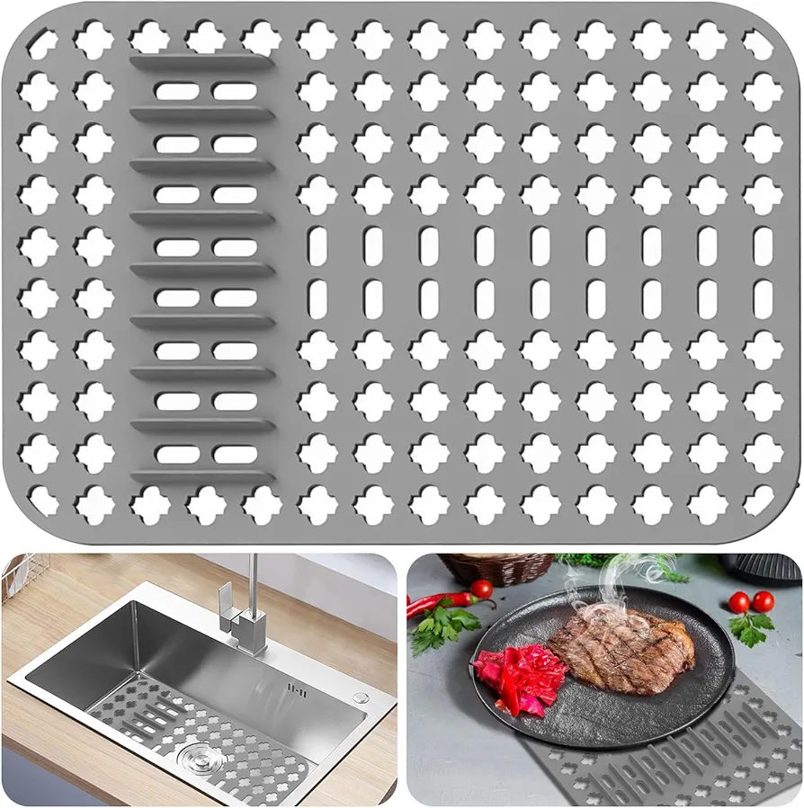 Zepitniy 1 Piezas Alfombrilla de Silicona para Fregadero 40 x 29cm Alfombrilla de Silicona Antideslizante Alfombrilla Fregadero Cocina Plegable para Inoxidable Fregadero-Gris