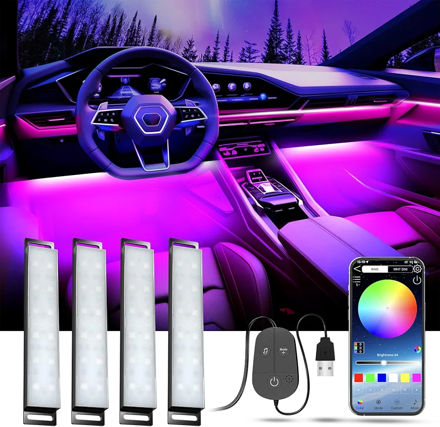 YiLaie Luces LED Coche, LED Coche Interior USB, con 16 Millones de Colores de DIY, Función de Memoria de Colores y Modo Música, Diseño de 2 Cables luz Ambiente Coche, Accesorios Coche Interior
