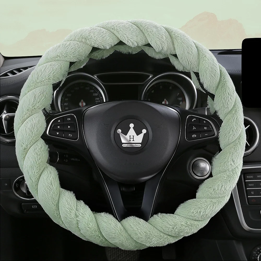 Fundas de Lujo para Volante de automóvil de Invierno para Mujer, Suaves y cálidas, Lindos Accesorios Interiores de automóvil para sedán, Antideslizante, Verde, Peludo, Tamaño Estándar (37-38cm)