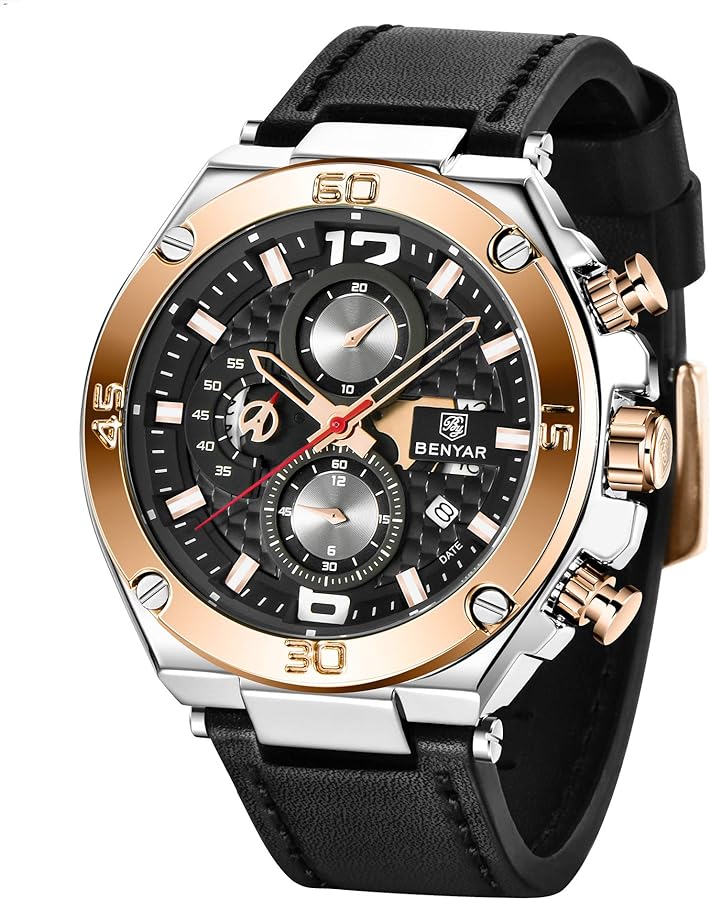 BENYAR Relojes Hombre Relojes de Pulsera Cronografo Diseñador Impermeable Reloj Hombre Banda de Cuero Analogicos Fecha de Pulsera Regalo Elegante