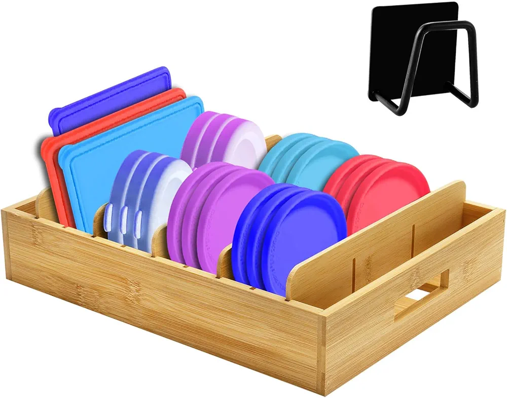 YIYADI Organizador de Tapas de Bambú,Organizador Fregadero de Bambú con 5 Separadores Ajustables y 1 Soporte para Esponjas,Organizador de cocina de bambú de Bambú para Cocina,Baño y Habitación