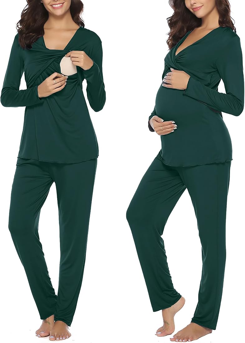 Irdcomps Pijamas de Lactancia para Mujer Invierno Algodón Embarazadas Mujer Maternidad Conjunto Largo Pijama de Hospital para Premamá S-XL