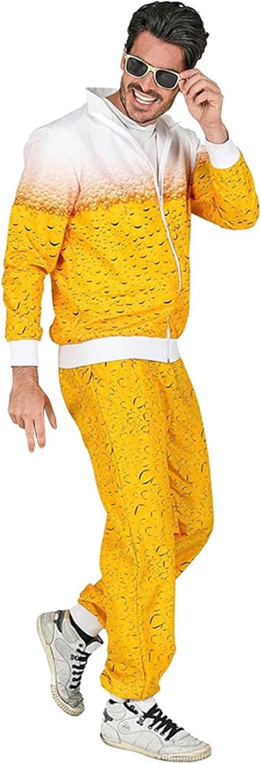 Mymyguoe Disfraz de carnaval para hombre, 2 piezas, chándal para correr, Oktoberfest, fiesta temática, disfraz de los años 80, juego de gafas doradas, collar, disfraz de cerveza, chaqueta con capucha,