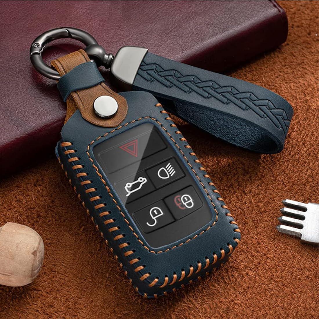 ontto Funda para llave de coche compatible con Land Rover Defender Discovery Evoque LR4 Range Rover Sport Jaguar XE XF XJ mando a distancia llavero de piel accesorios para coche