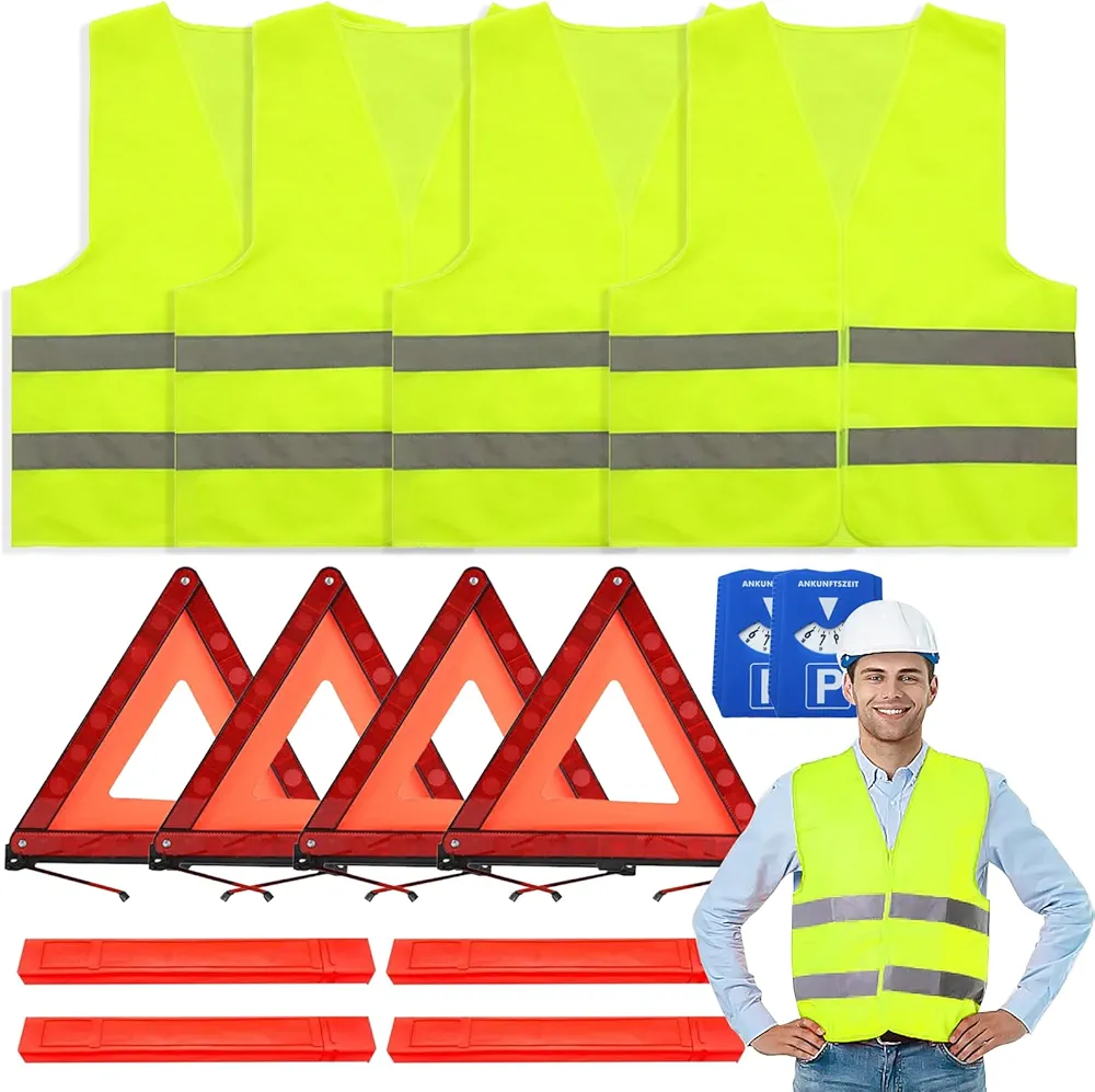 Hengrongshen 4 Piezas Chaleco Reflectante, 4 Piezas Triangulos Coche Homologados y 2 Señal de Estacionamiento Temporal de Automóviles, Kit de Seguridad para el Tráfico de Automóviles