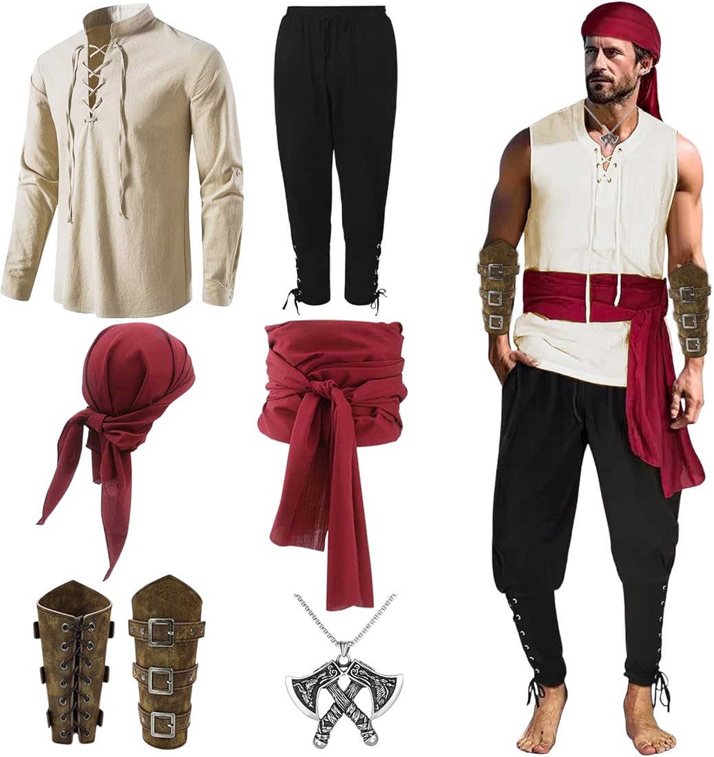 Juego de ropa medieval para hombre, ropa renacentista, camisa pirata medieval, pantalón de camisa pirata, disfraz de vikingo, incluye camiseta de manga larga, pantalones de ocio, pulsera, pañuelo,