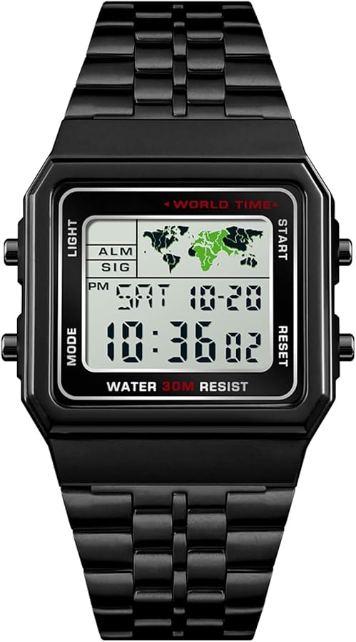 Reloj digital para hombre con cronómetro con alarma, hora mundial, fecha, semana, correa de metal, reloj de pulsera de negocios al aire libre