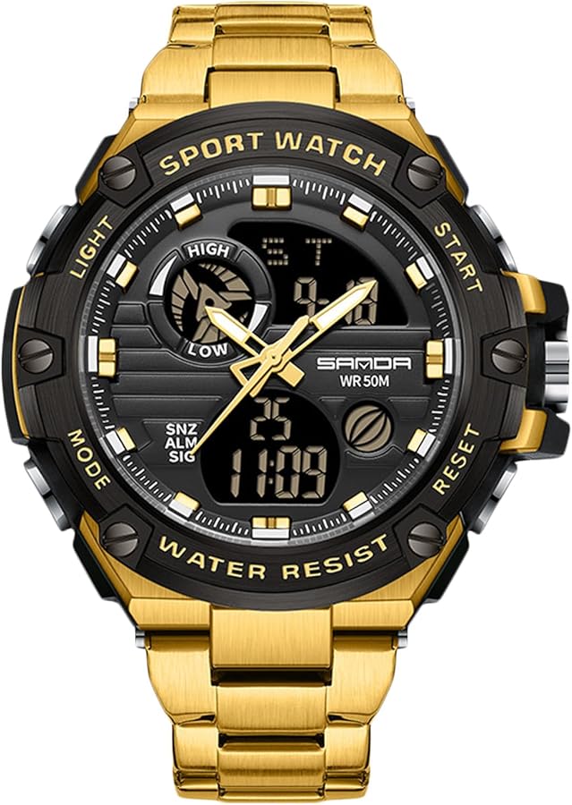 RORIOS Reloj de Pulsera Electrónico Doble Pantalla para Hombre Reloj 5ATM Impermeable Relojes Digital Cuarzo Reloj Multifuncional Militares Correa Acero Inoxidable