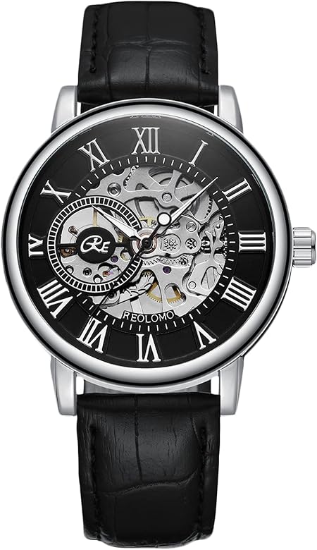 RORIOS Relojes Hombre Reloj Mecánico Automático Relojes Luminoso con Correa de Cuero Esqueleto Dial Reloj de Pulsera