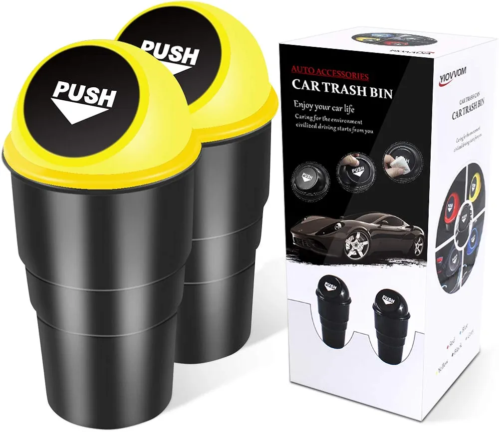 Yiovvom Cubo de basura para coche con tapa, a prueba de fugas, contenedor de basura pequeño para automóvil, oficina, hogar, cocina, dormitorio, 2 piezas (amarillo)