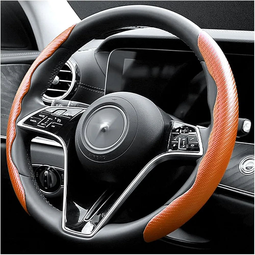 Fibra de Carbono Funda Volante Coche,Seguro y Antideslizante Accesorios Coche para Hombres y Mujeres,Universal 38cm Cubre Volante Coche,Fundas Volante Coche para Coche Camión (Café)