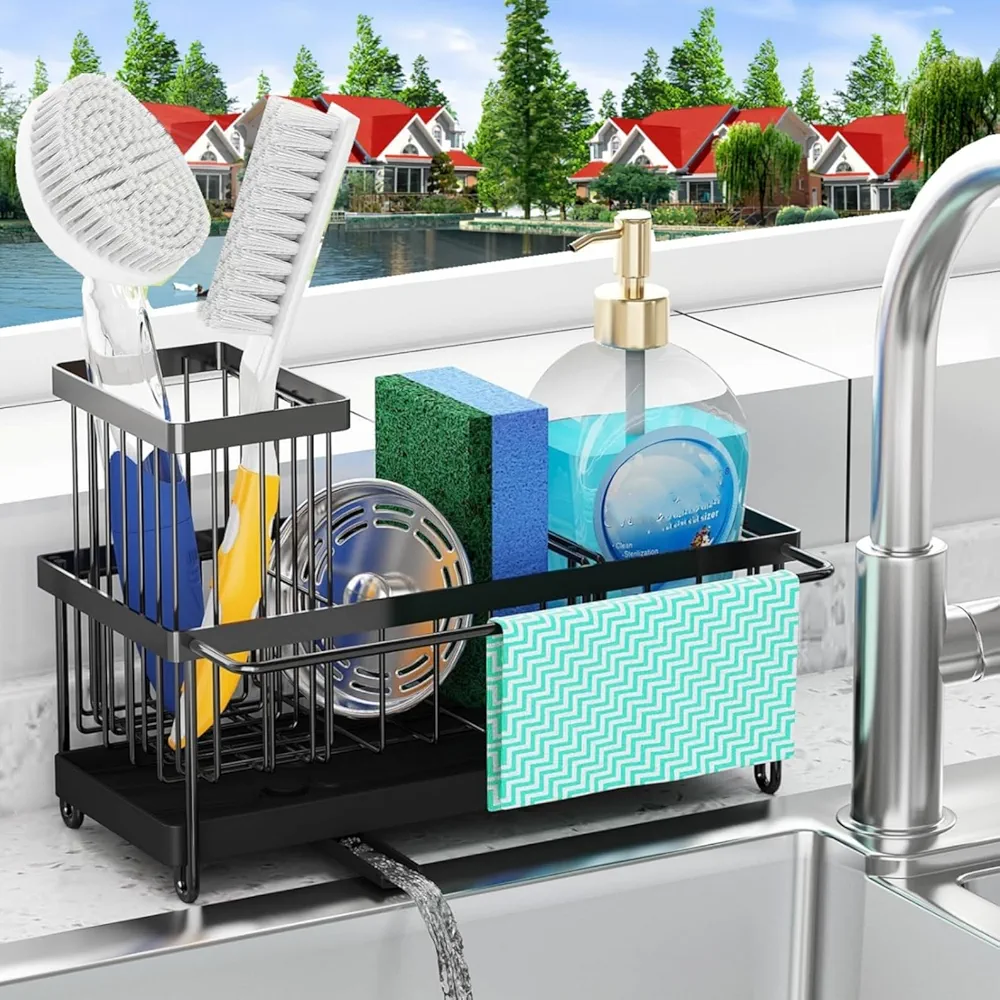 SWILLE Soporte Esponja de Cocina, Organizador Estropajo Fregadero Cocina con automático Bandeja Drenaje, Soporte Fregadero de Acero Inoxidable,Almacenamiento Organizador para Cocina