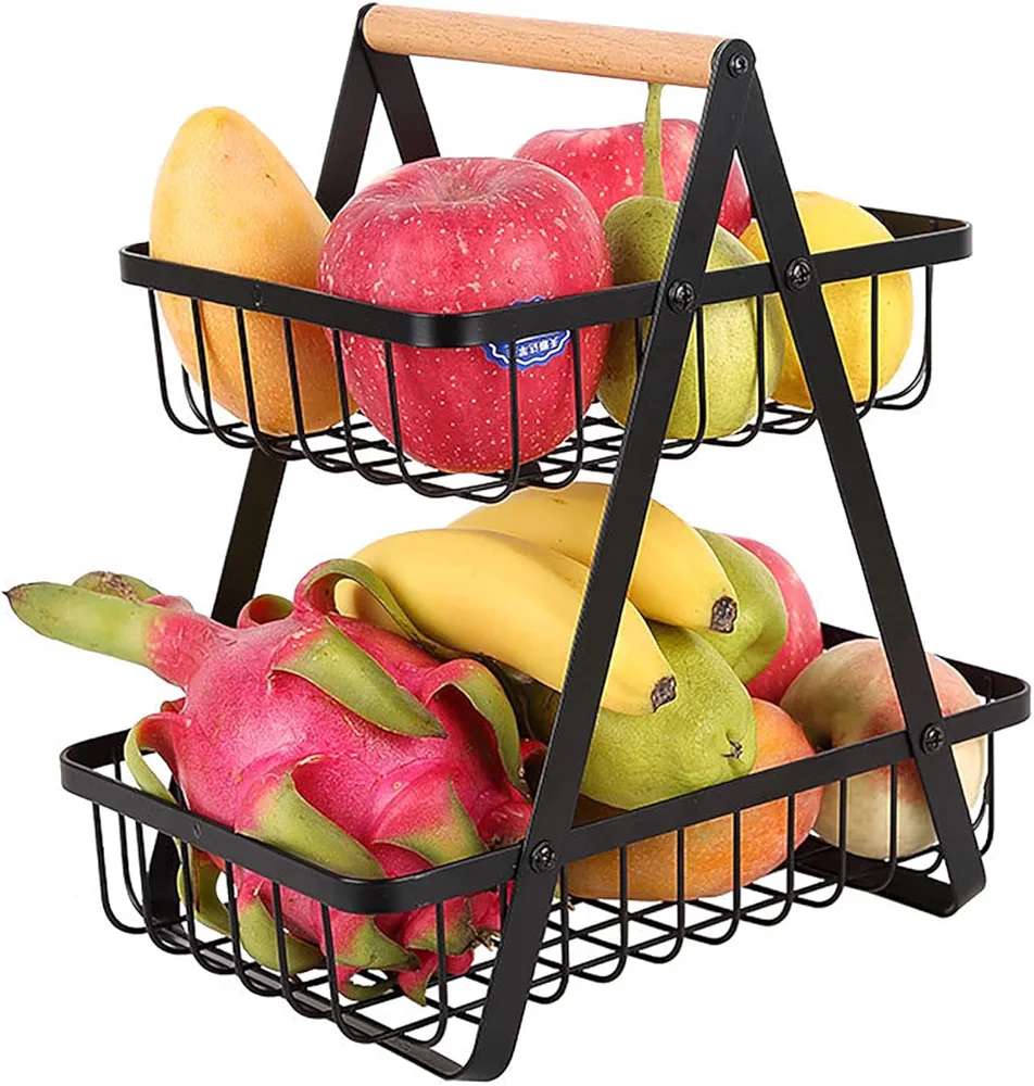Accmuzzy Cesta de frutas de 2 niveles, soporte para fruta, frutero grande, soporte extraíble para frutas, soporte para cocina, alambre de metal, estante para verduras, frutas para pan, verduras,