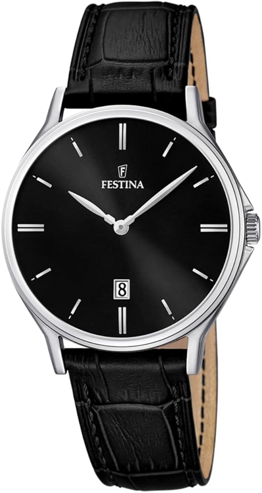 Festina Reloj Hombre F16745/5 Correa Clasico Caja de Acero Inoxidable 316l Plateado Correa de Cuero Negro