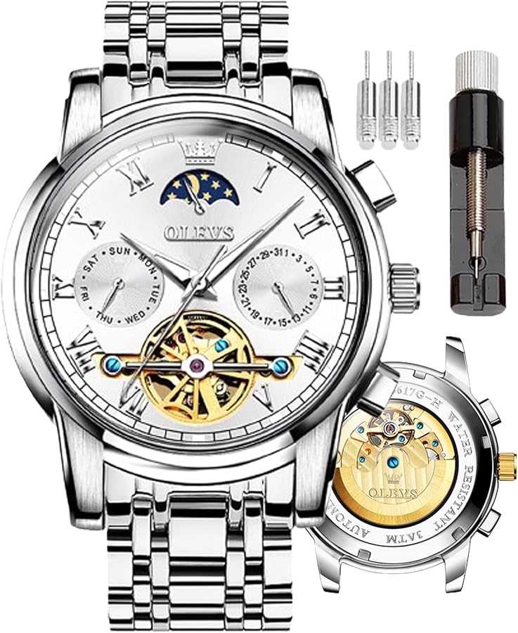 OLEVS Relojes automáticos para hombre, esqueleto, mecánico, cuerda automática, reloj de pulsera de lujo, fase lunar, día, fecha, impermeable, luminoso, de dos tonos, regalos, Gw-g6617-leucorrea y cara