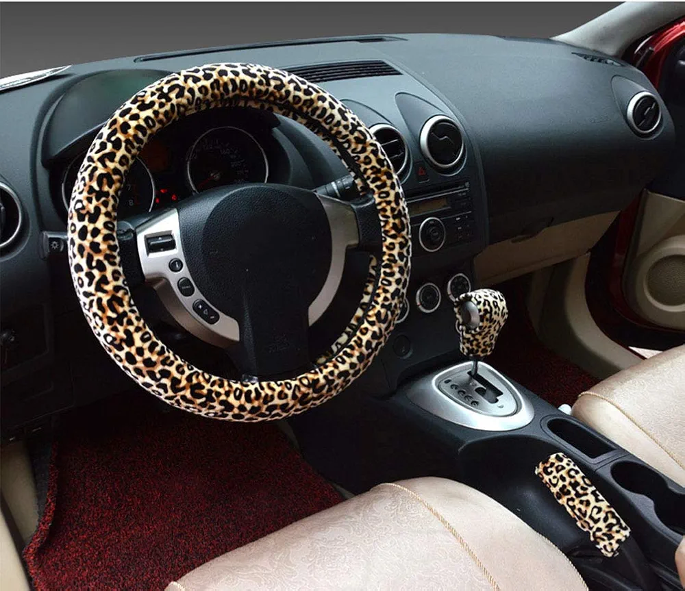 3 en 1 Soft Leopardo Cubierta del Volante del automóvil Manija del Freno de Mano Palanca de Cambio Cubiertas Cubiertas 38 cm Corto y cálido Invierno cálido para Todos los Autos Beige