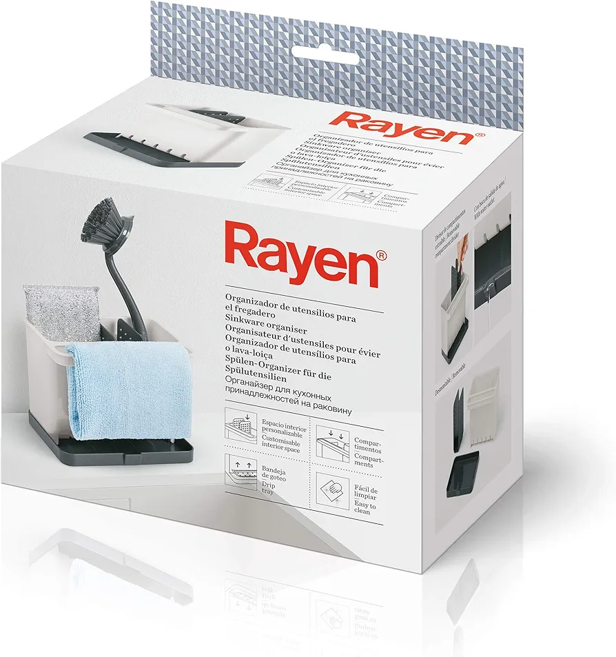 Rayen Organizador de Utensilios para el Fregadero | Espacio Interior Personalizable | Compartimentos | Bandeja de Goteo | Fácil de Limpiar, ABS, Gris Claro y Gris Oscuro, Medida: 17 x 13,3 x 11,5 cm