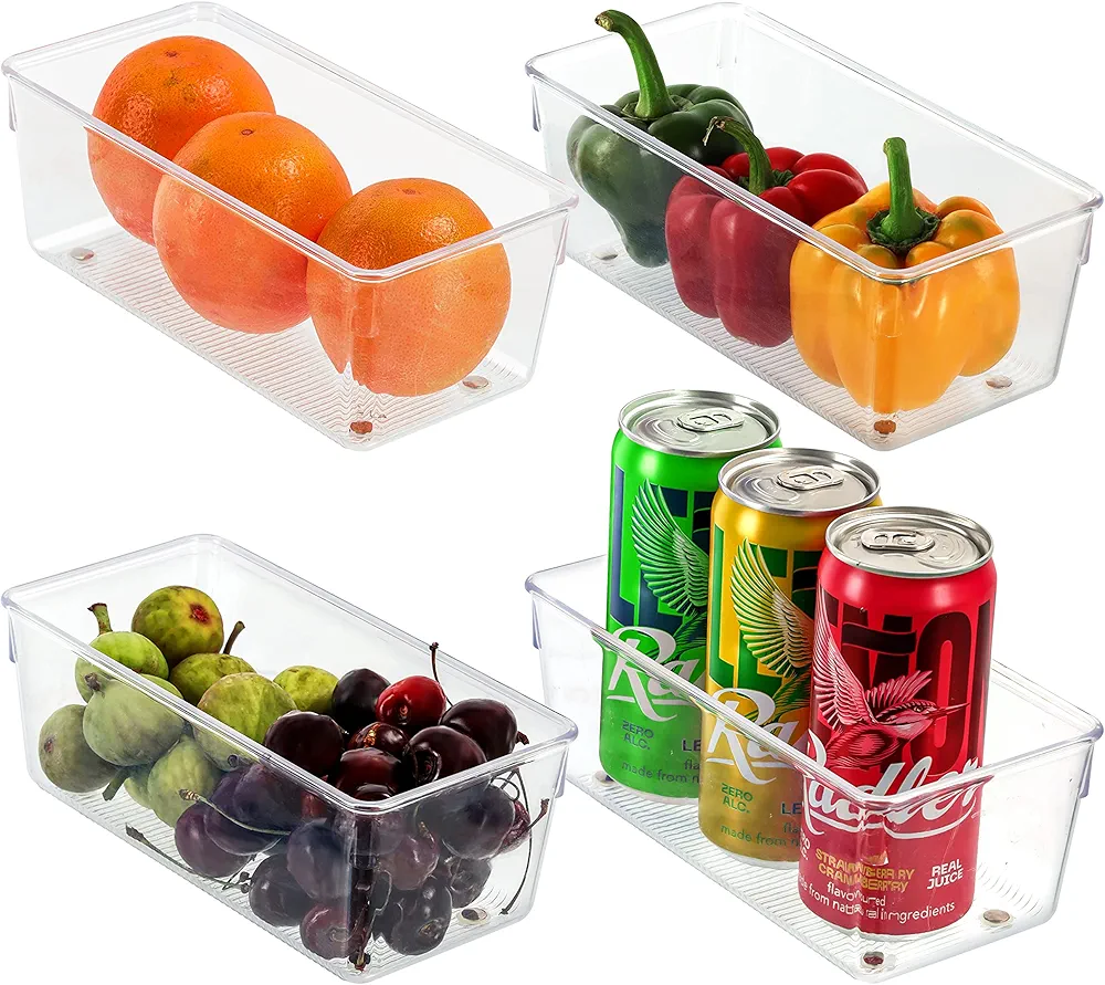 Kurtzy Pack de 4 Cajón de Cocina Nevera y Alacena 20 cm de Largo – Cesta Organizador de Nevera Plástico Transparente – Almacenamiento en Lavabo, Alacena, Cajón, Congelador y Todo el Hogar