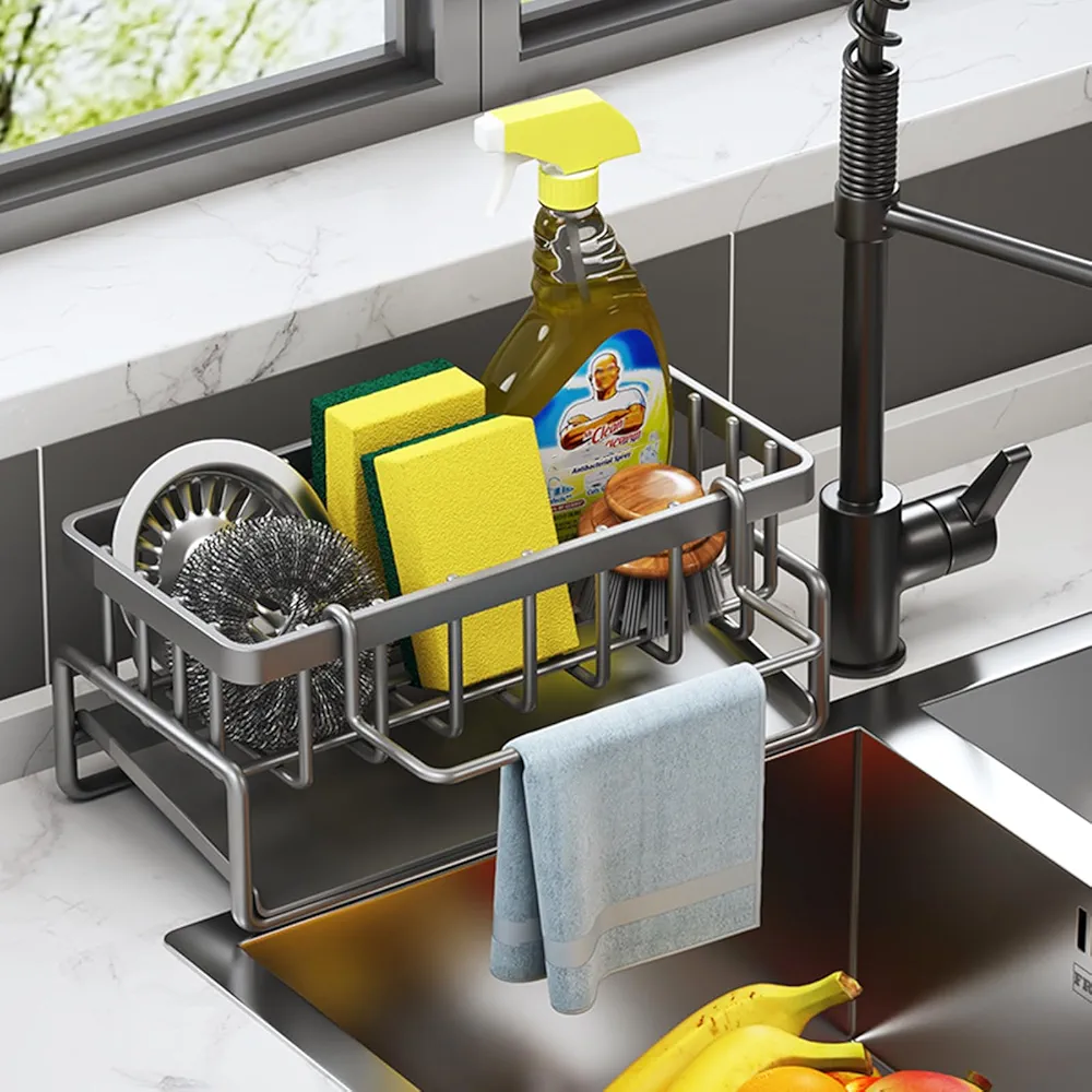 Iwinna Soporte de esponja para fregadero de cocina, organizador de fregadero con bandeja de drenaje automático, soporte para paños de cocina, estante organizador para baño