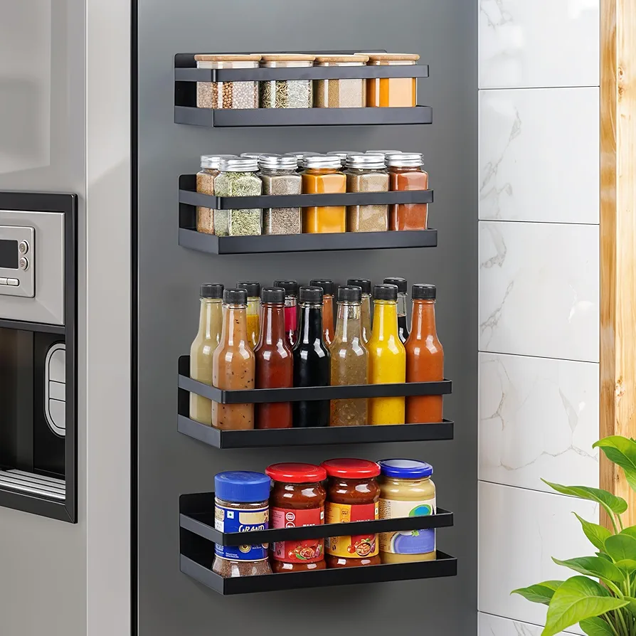 Winter Shore Estante Magnetico para Especias de Cocina (Pack de 4) - Especiero Pared Negro para Organizar y Almacenar - Estante Organizador de Nevera para Frascos de Condimentos y Especias