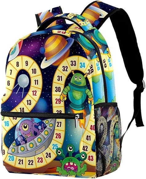 Mochilas de viaje para campus de ocio, divertido tablero de juego Monster Rocket Alien Planet Bolsas con soporte para botellas para niñas y niños